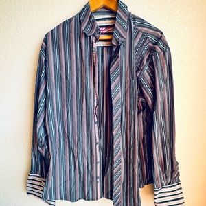 Bugatchi Uomo Button Down Shirt Flip Cuffs Stripes Large Men 100% Cotton Purple